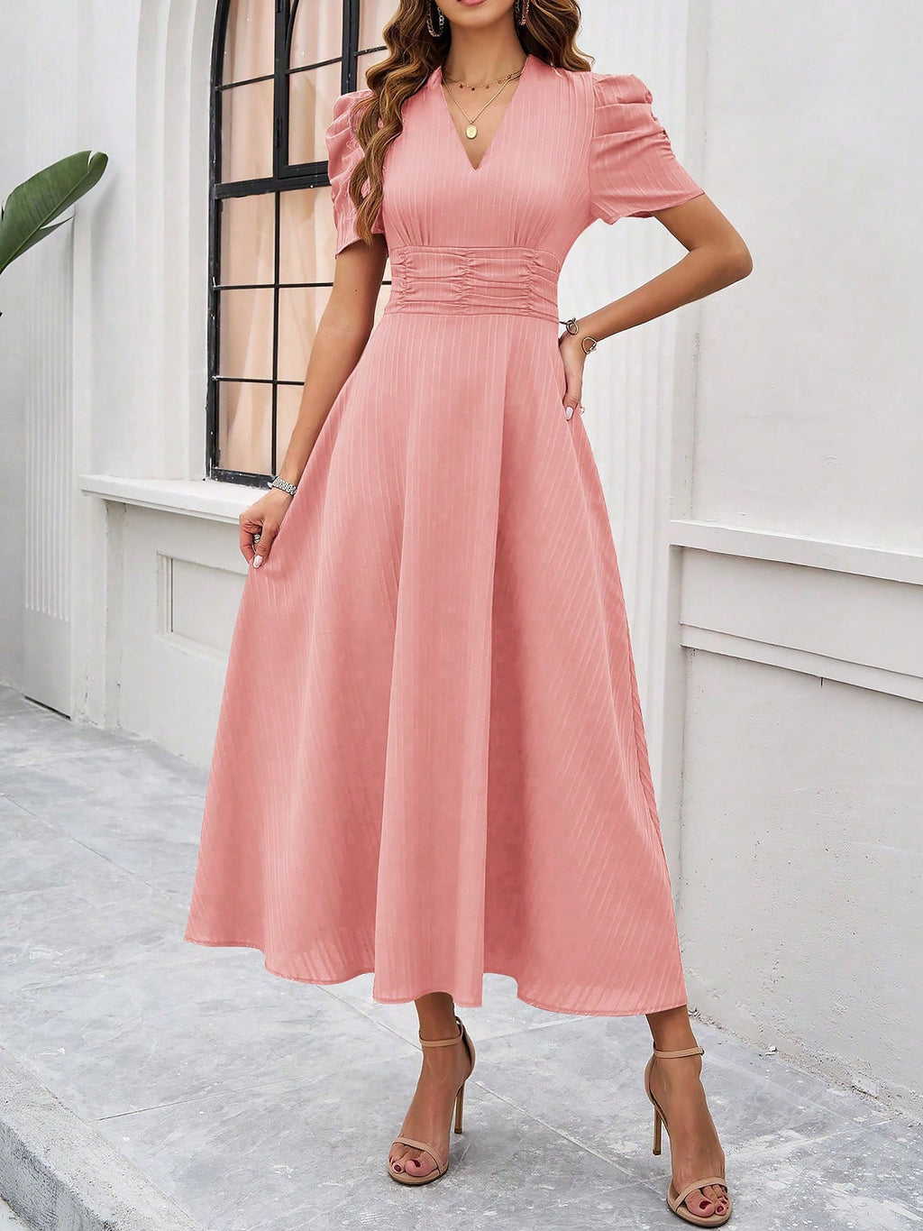 Textured Puff Sleeve Ruched Midi A-Line Dress
