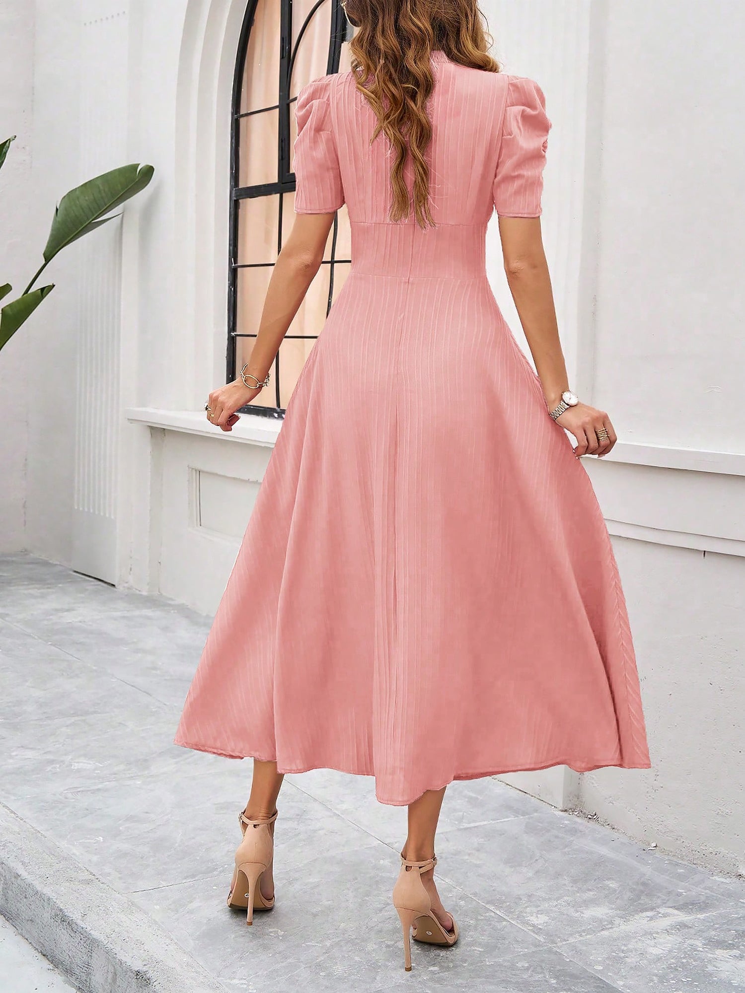 Textured Puff Sleeve Ruched Midi A-Line Dress