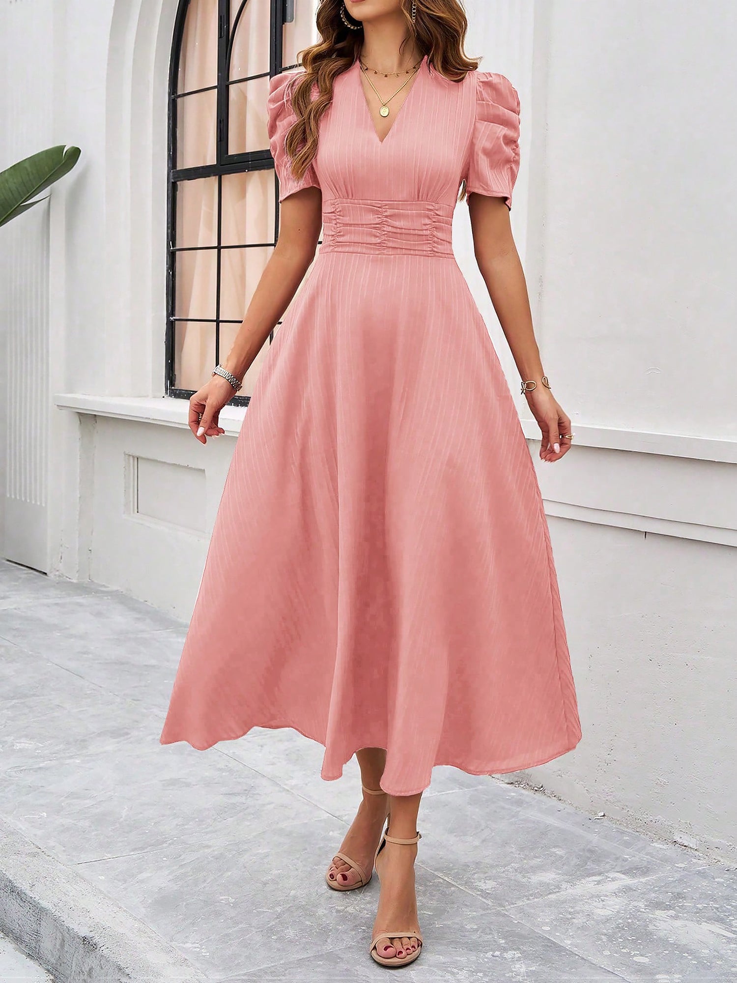 Textured Puff Sleeve Ruched Midi A-Line Dress