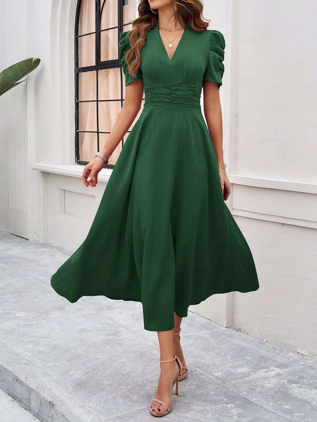 Textured Puff Sleeve Ruched Midi A-Line Dress