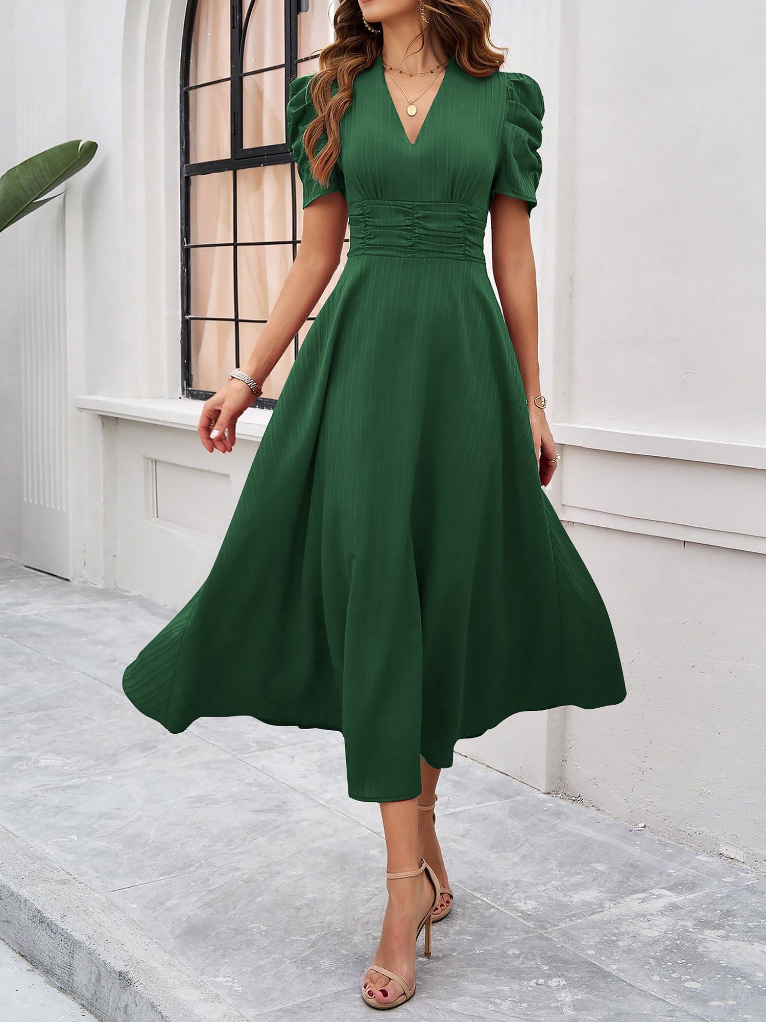 Textured Puff Sleeve Ruched Midi A-Line Dress