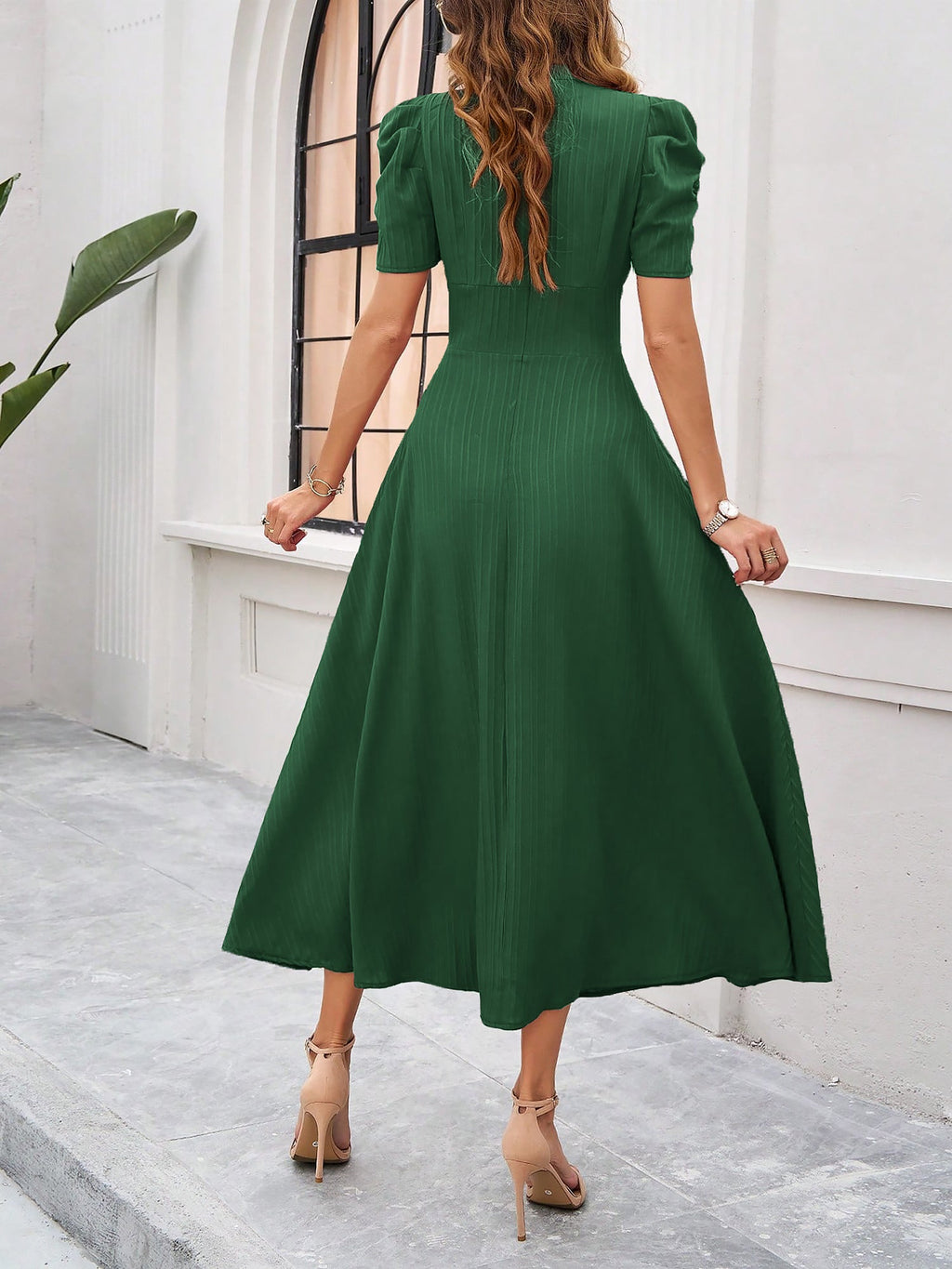 Textured Puff Sleeve Ruched Midi A-Line Dress