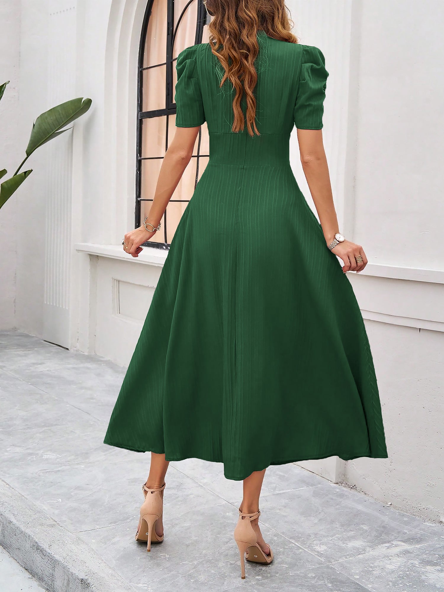 Textured Puff Sleeve Ruched Midi A-Line Dress