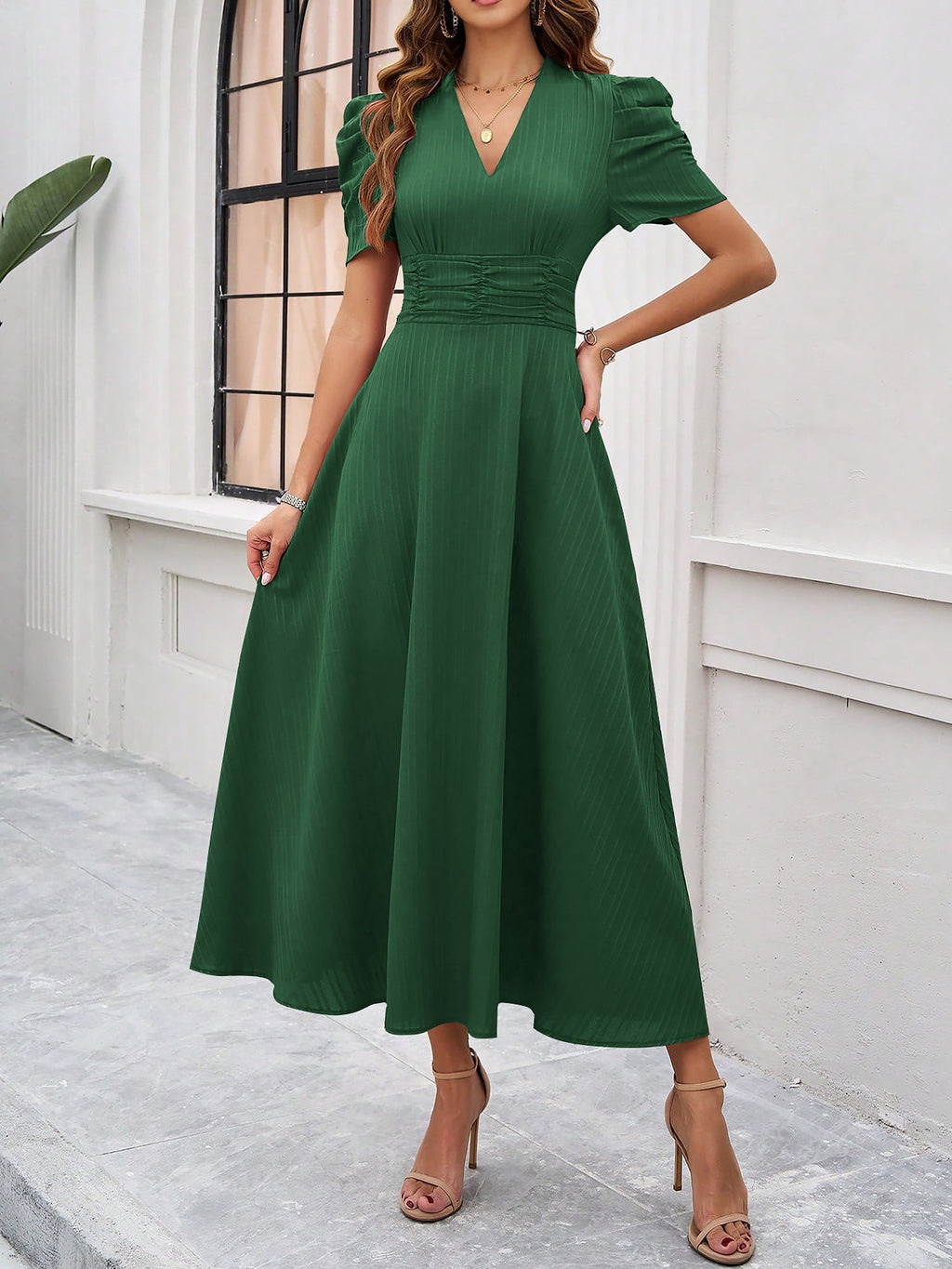Textured Puff Sleeve Ruched Midi A-Line Dress