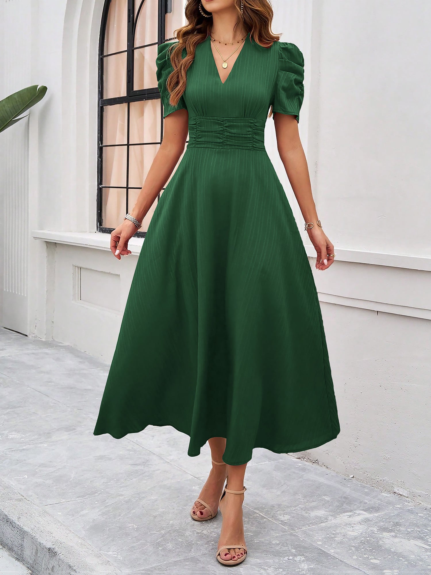 Textured Puff Sleeve Ruched Midi A-Line Dress