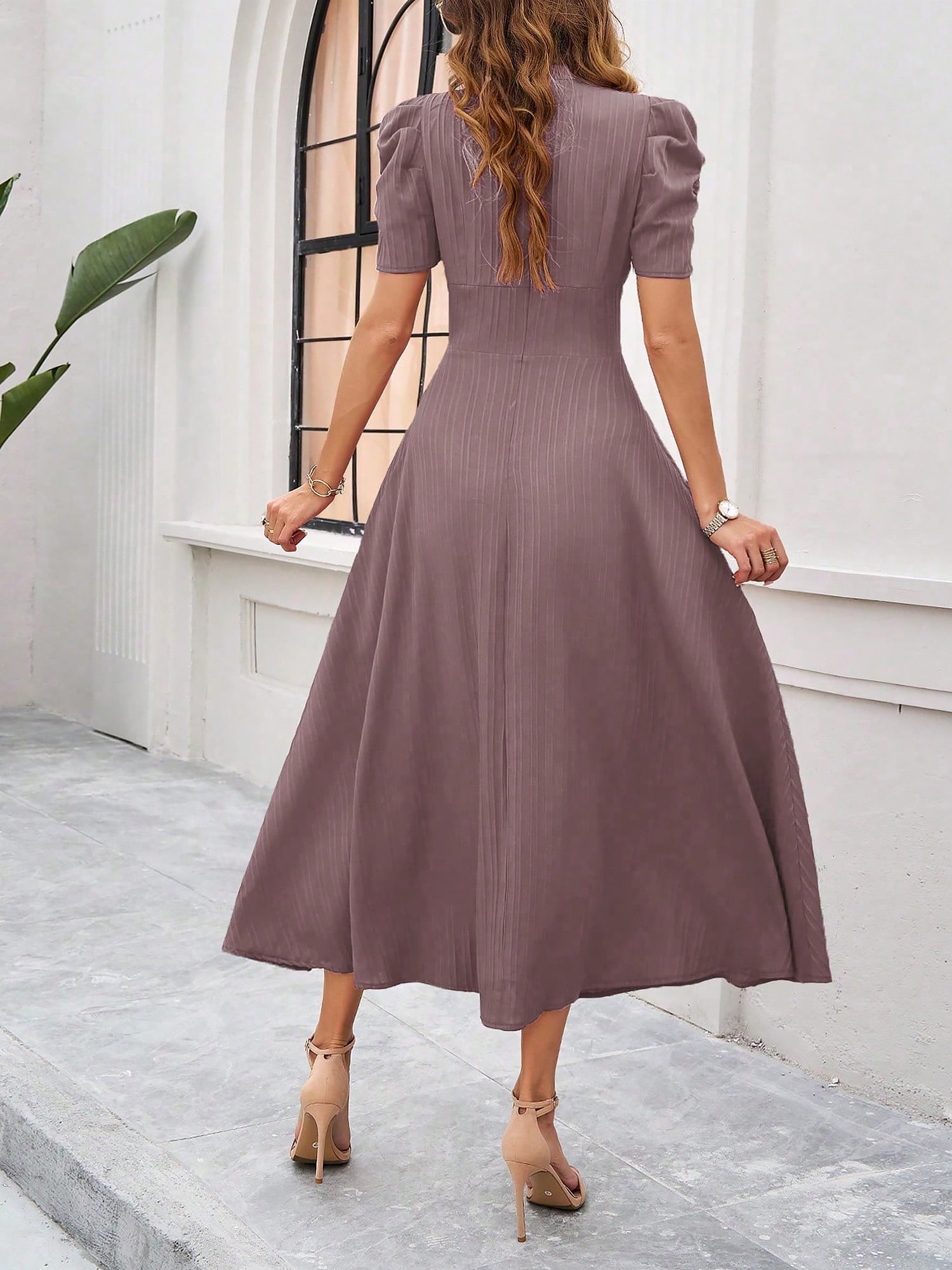 Textured Puff Sleeve Ruched Midi A-Line Dress