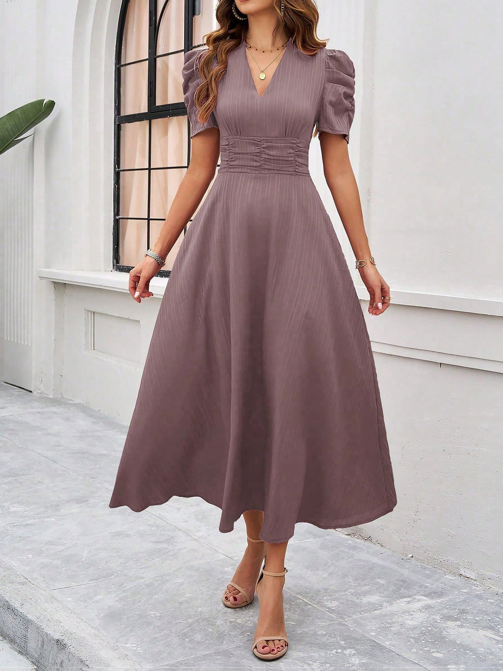 Textured Puff Sleeve Ruched Midi A-Line Dress