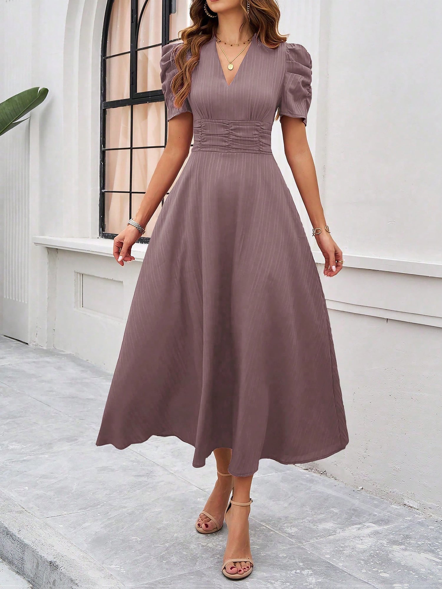 Textured Puff Sleeve Ruched Midi A-Line Dress