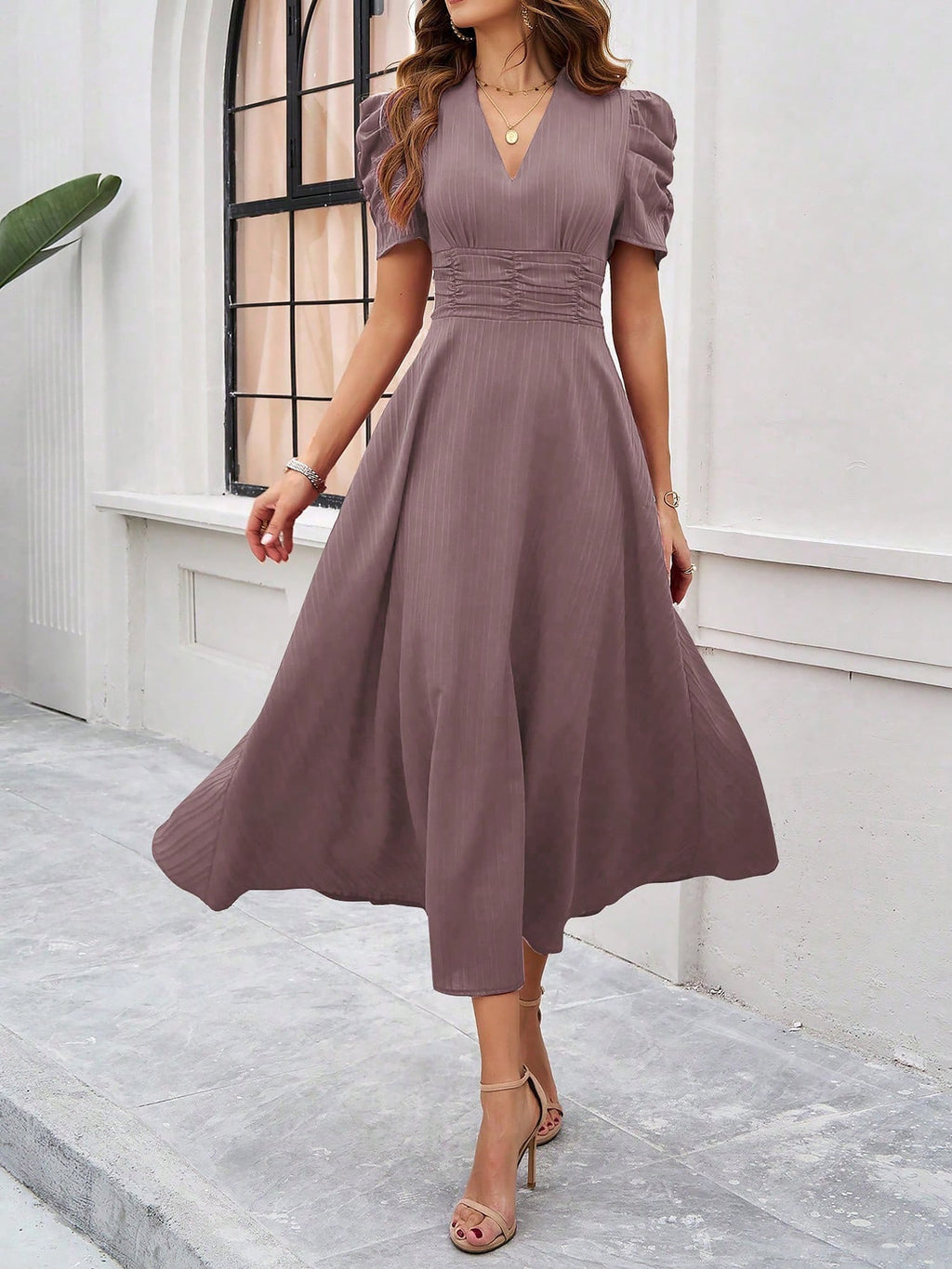 Textured Puff Sleeve Ruched Midi A-Line Dress