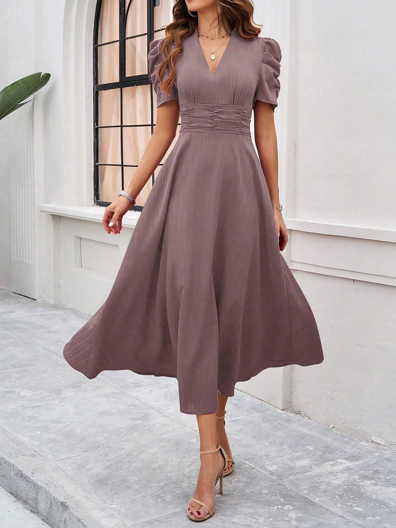 Textured Puff Sleeve Ruched Midi A-Line Dress