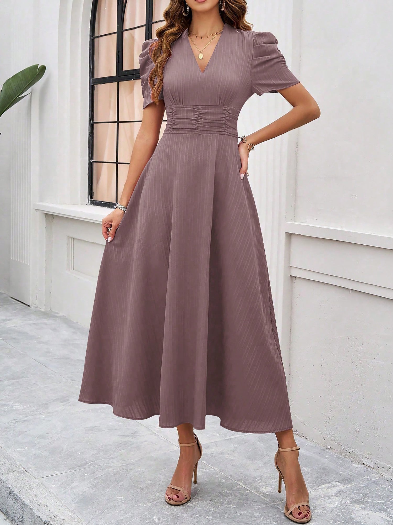 Textured Puff Sleeve Ruched Midi A-Line Dress