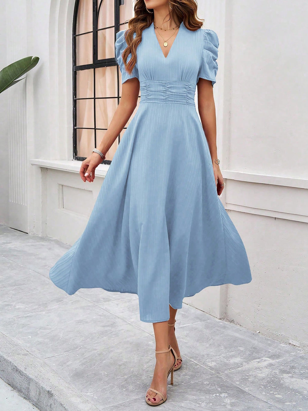 Textured Puff Sleeve Ruched Midi A-Line Dress