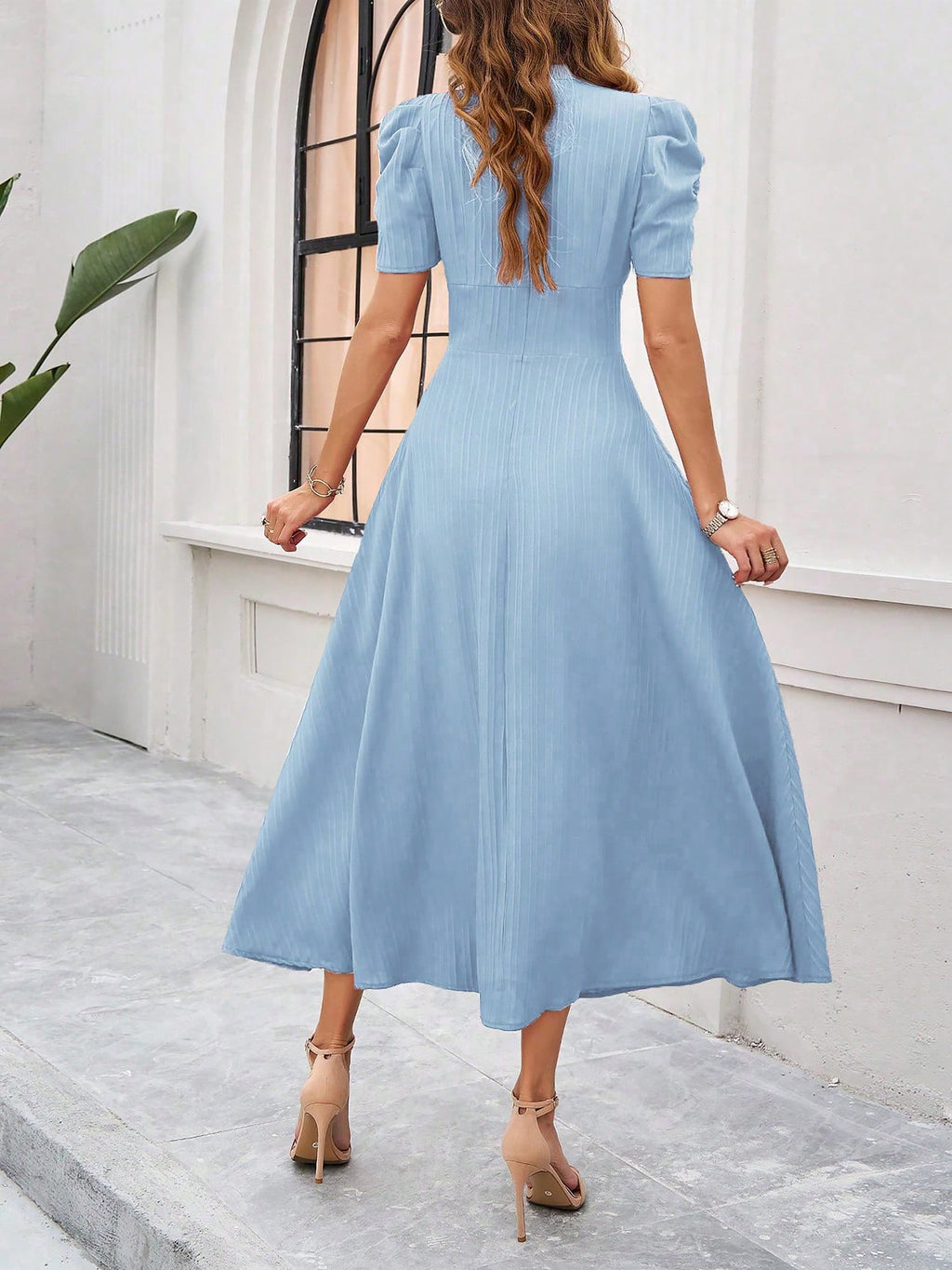 Textured Puff Sleeve Ruched Midi A-Line Dress
