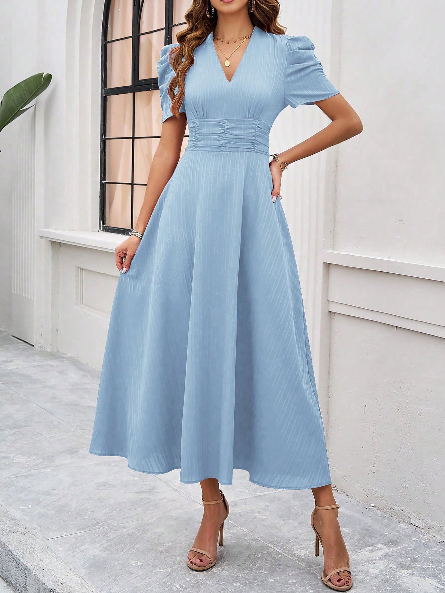 Textured Puff Sleeve Ruched Midi A-Line Dress