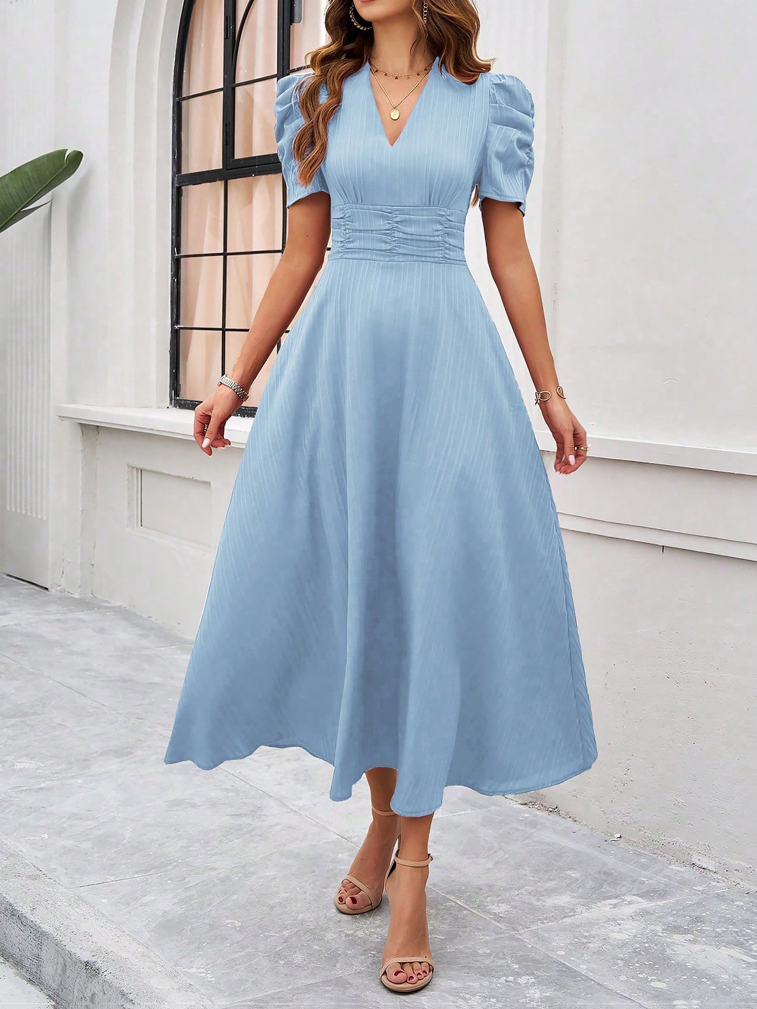 Textured Puff Sleeve Ruched Midi A-Line Dress