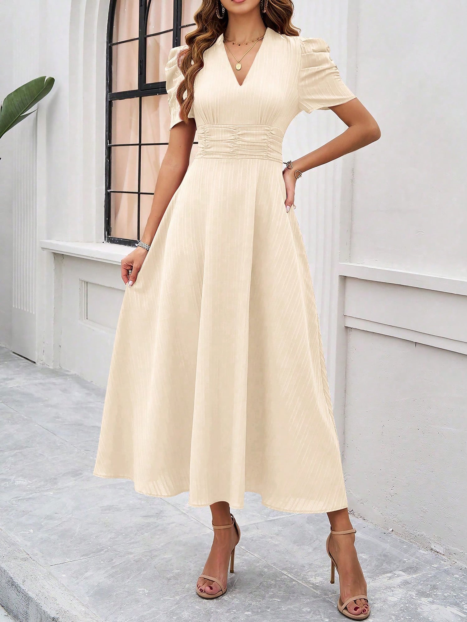 Textured Puff Sleeve Ruched Midi A-Line Dress