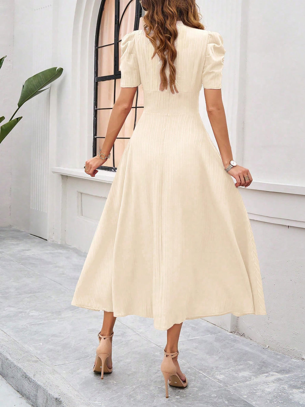 Textured Puff Sleeve Ruched Midi A-Line Dress