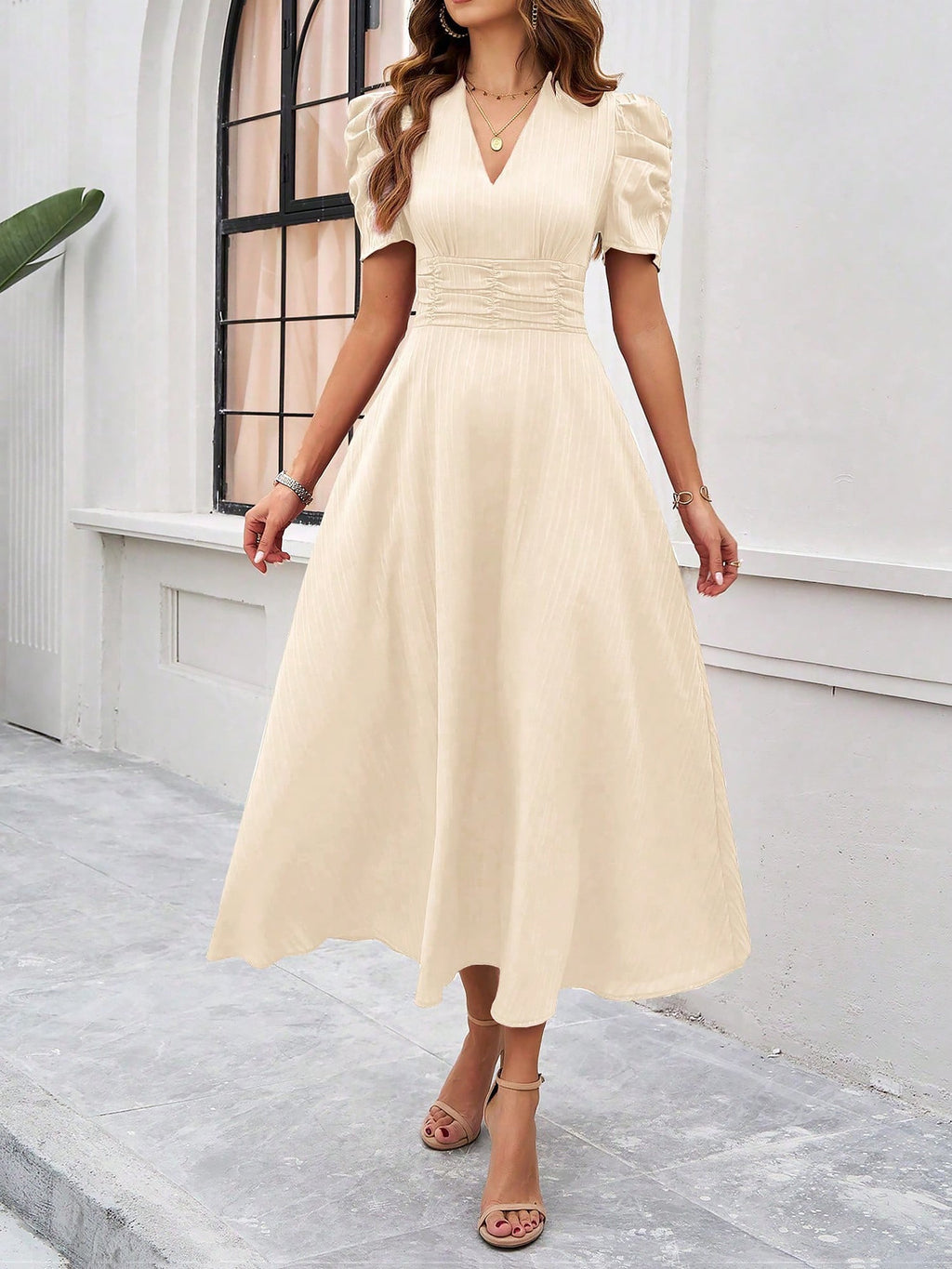 Textured Puff Sleeve Ruched Midi A-Line Dress