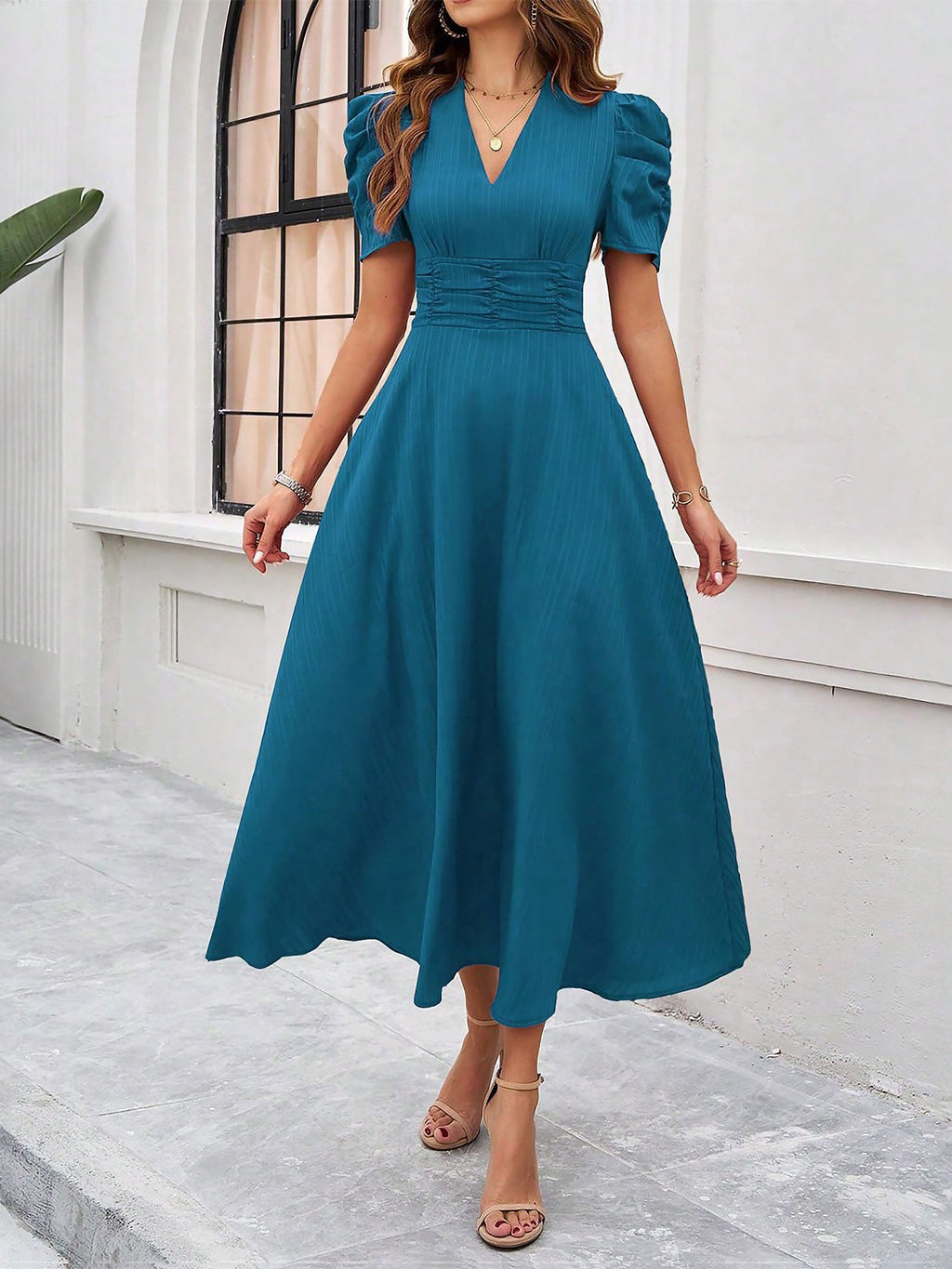 Textured Puff Sleeve Ruched Midi A-Line Dress