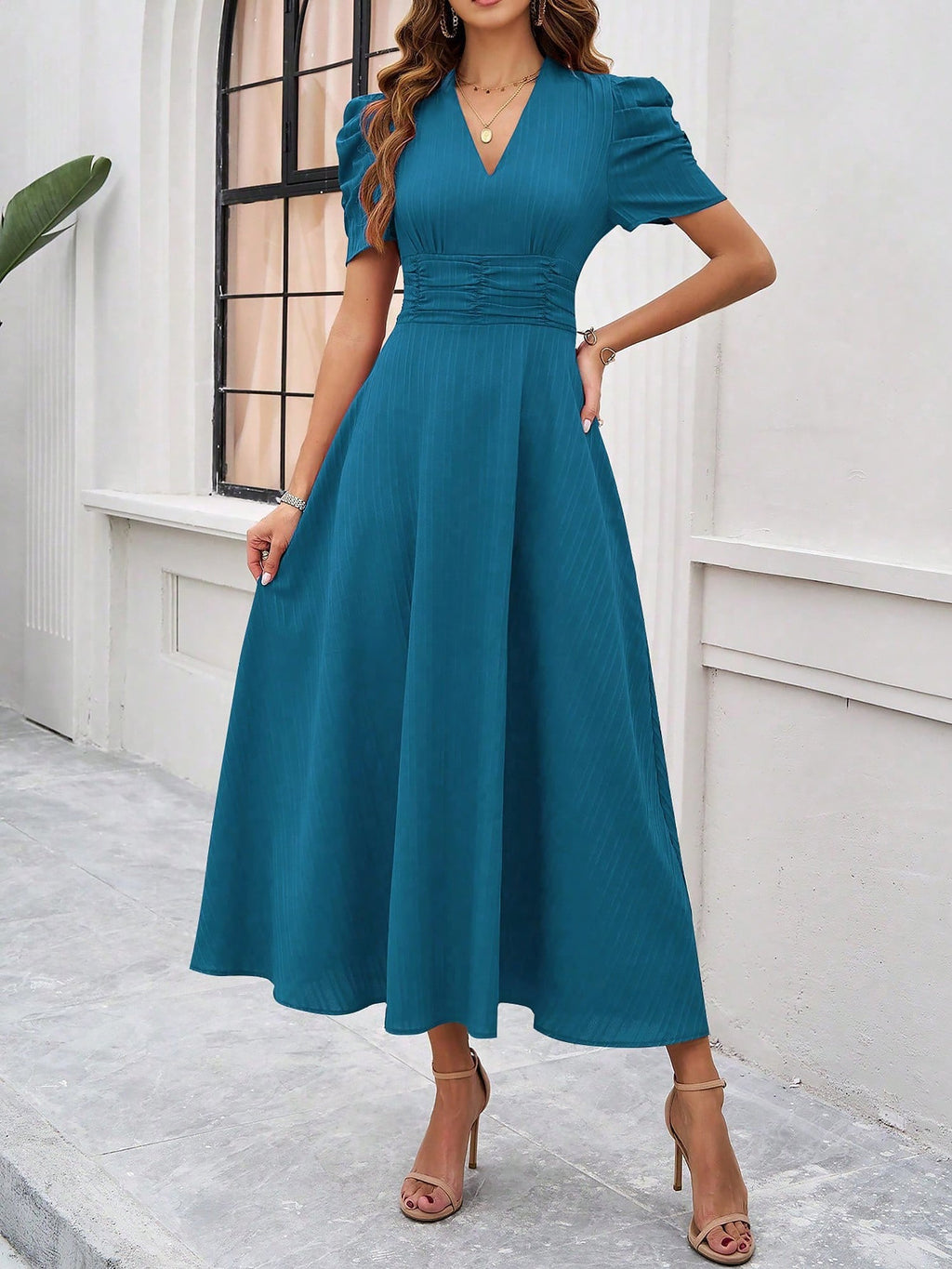 Textured Puff Sleeve Ruched Midi A-Line Dress