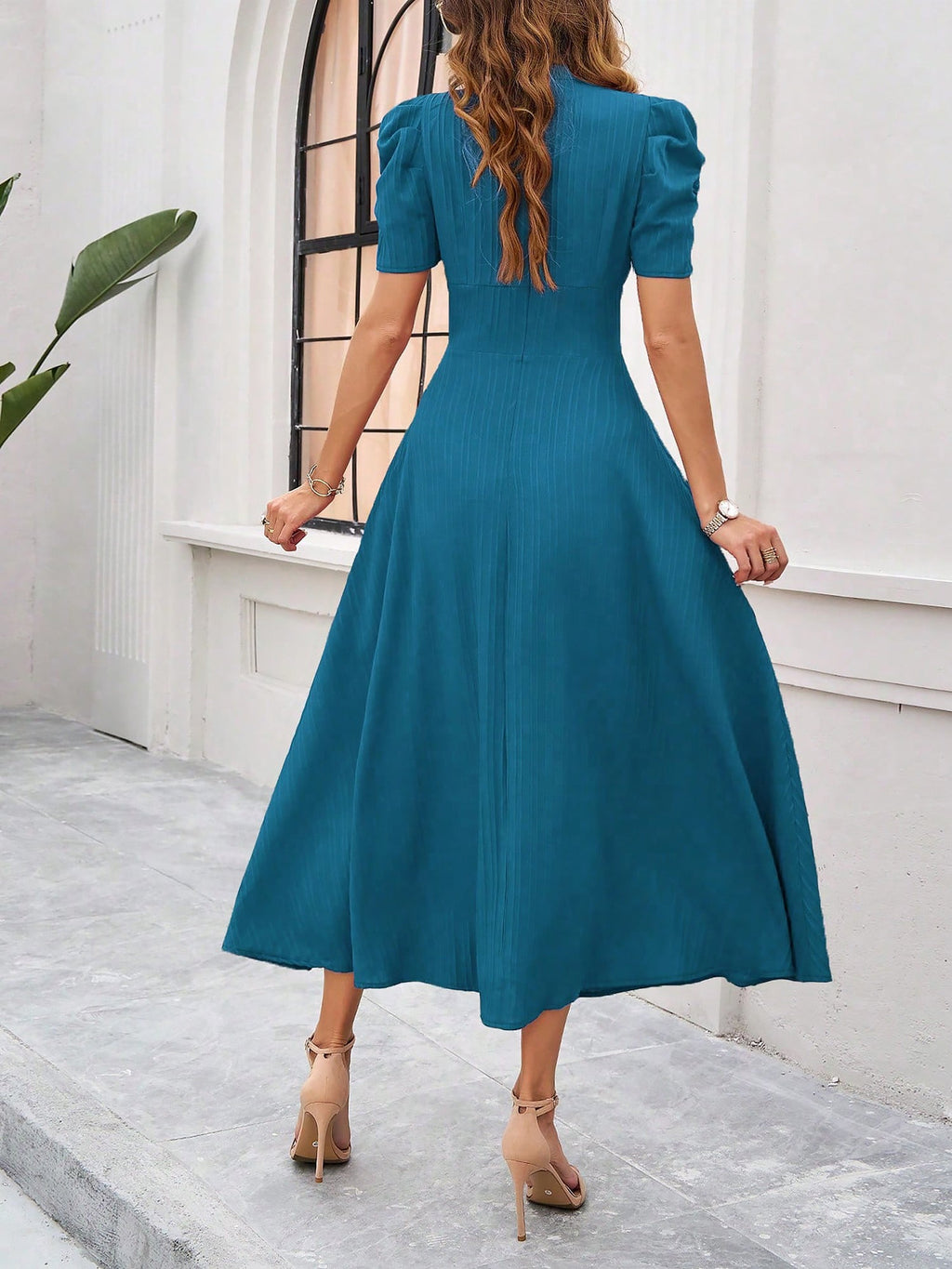 Textured Puff Sleeve Ruched Midi A-Line Dress
