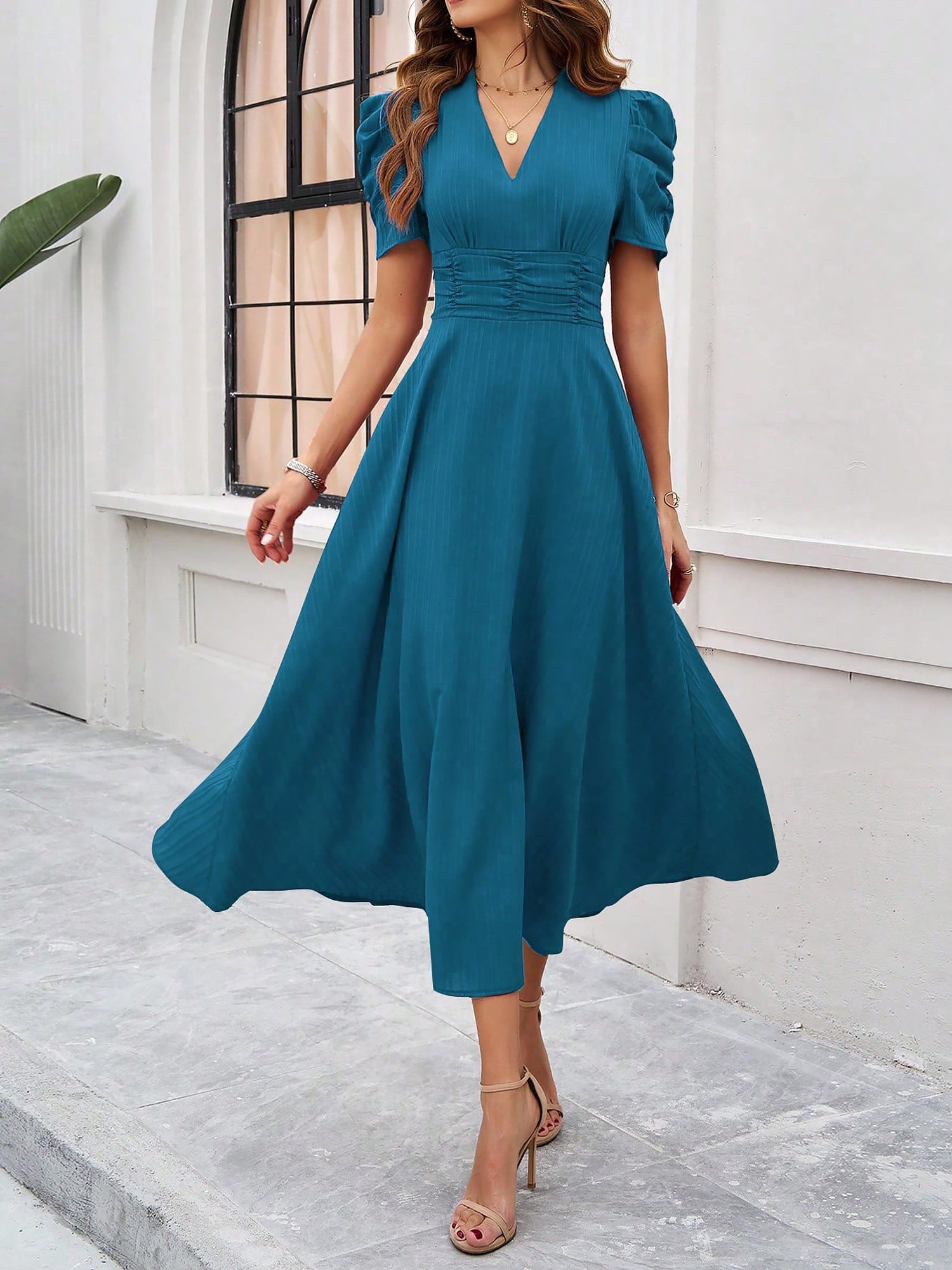 Textured Puff Sleeve Ruched Midi A-Line Dress