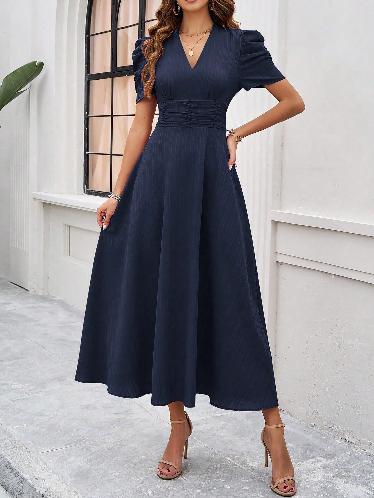 Textured Puff Sleeve Ruched Midi A-Line Dress