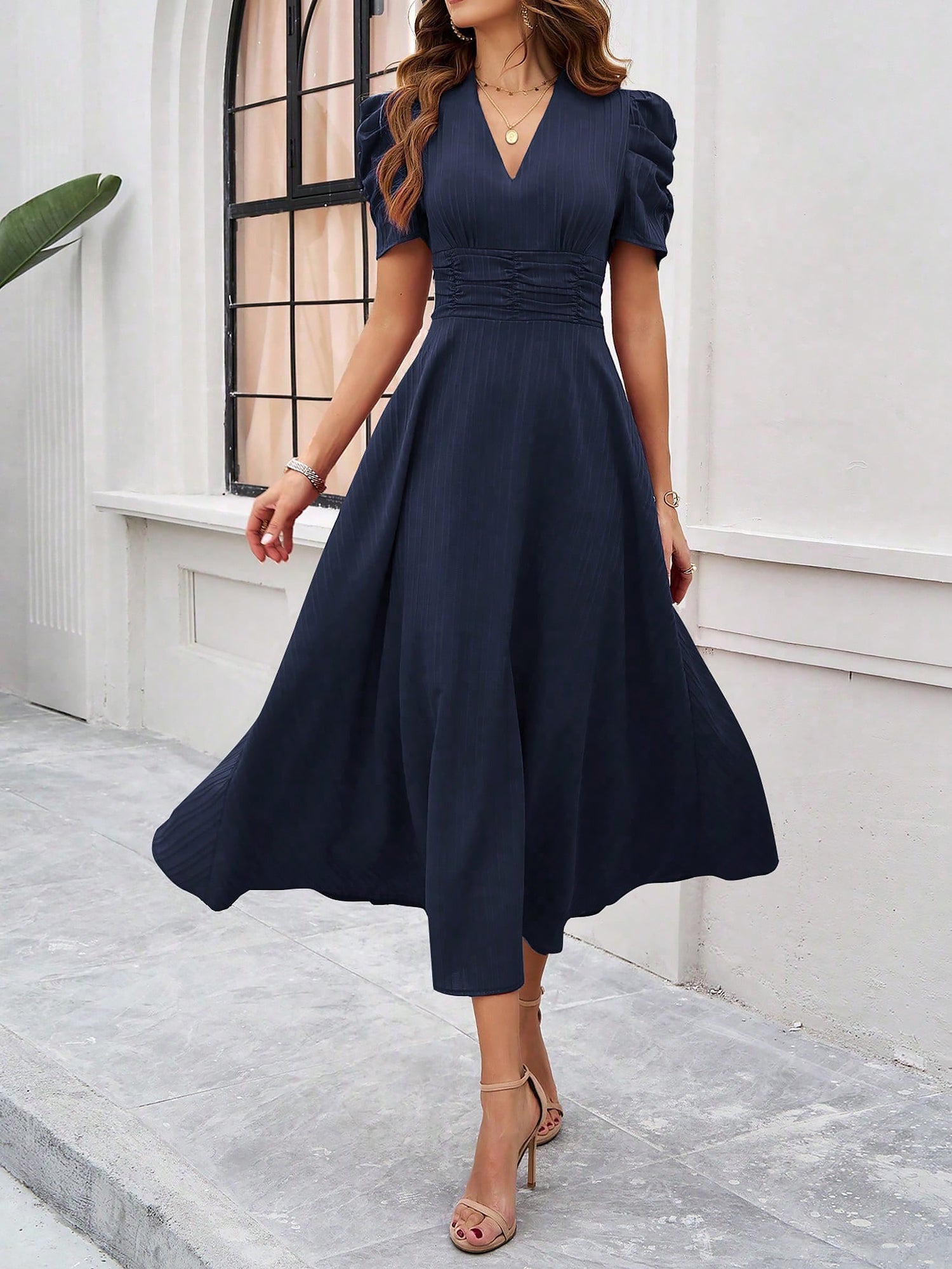 Textured Puff Sleeve Ruched Midi A-Line Dress