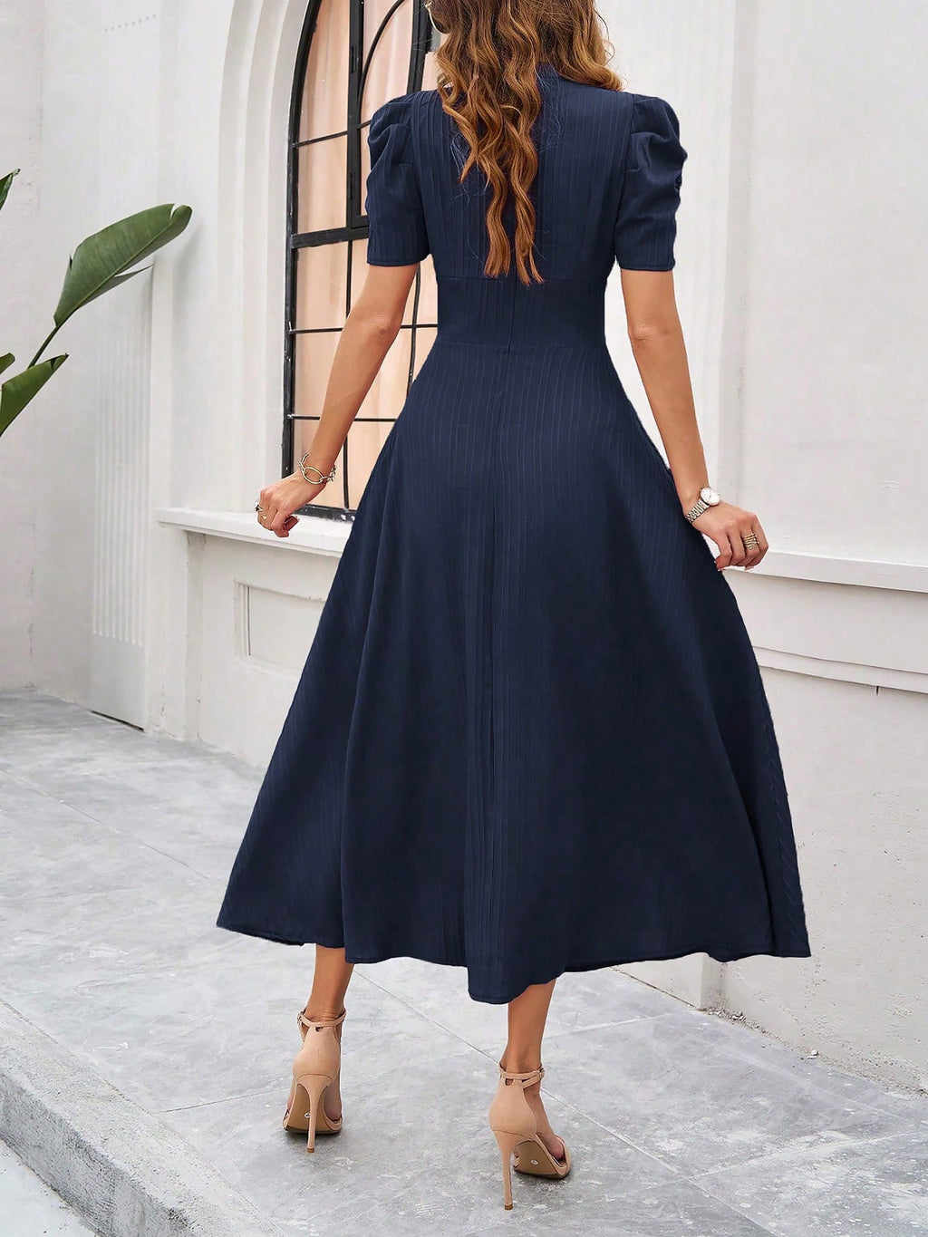 Textured Puff Sleeve Ruched Midi A-Line Dress