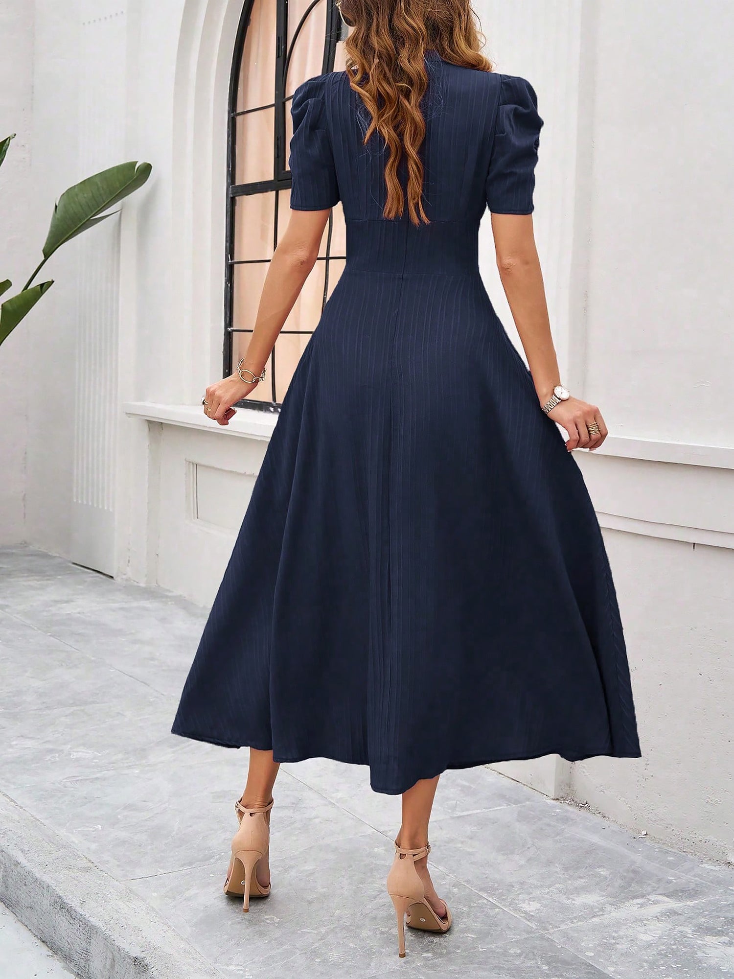 Textured Puff Sleeve Ruched Midi A-Line Dress