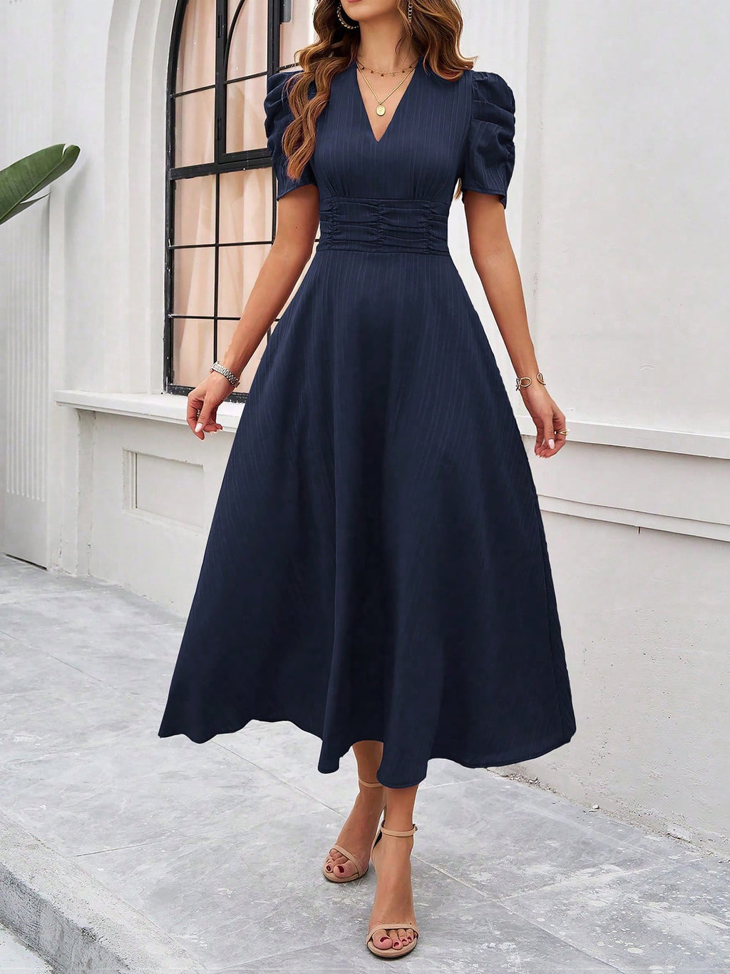 Textured Puff Sleeve Ruched Midi A-Line Dress