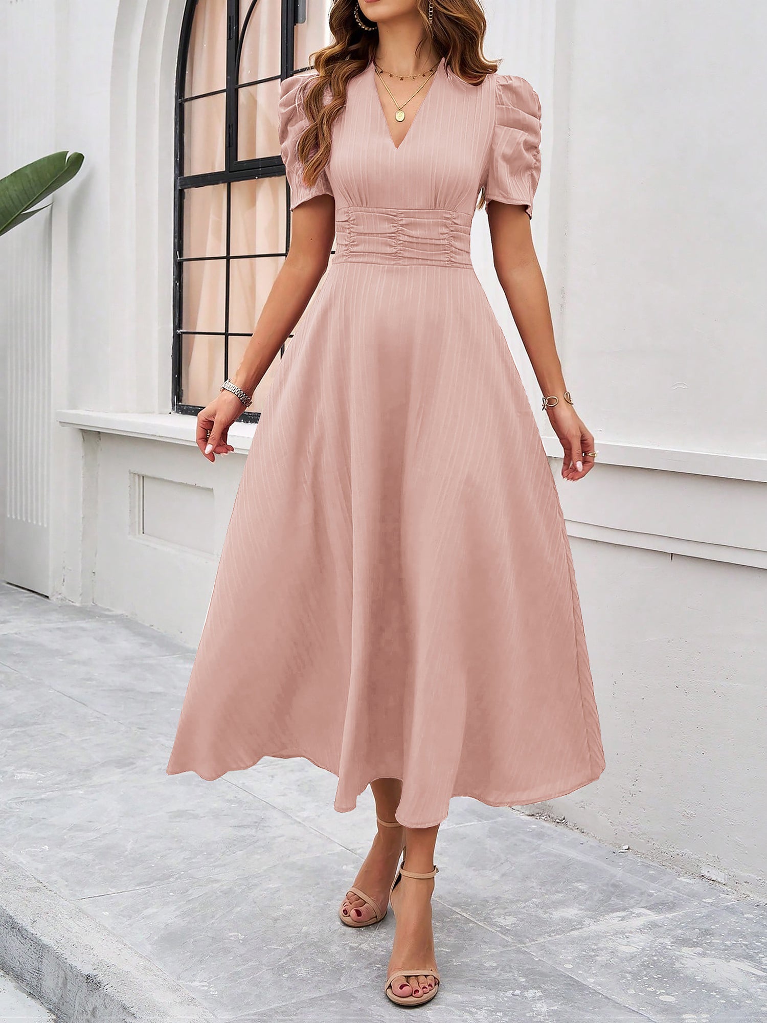 Textured Puff Sleeve Ruched Midi A-Line Dress