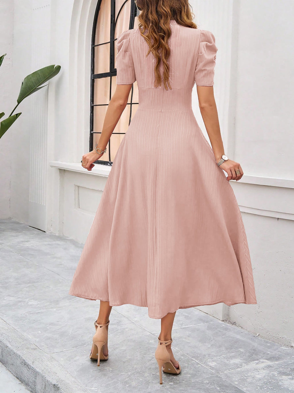 Textured Puff Sleeve Ruched Midi A-Line Dress