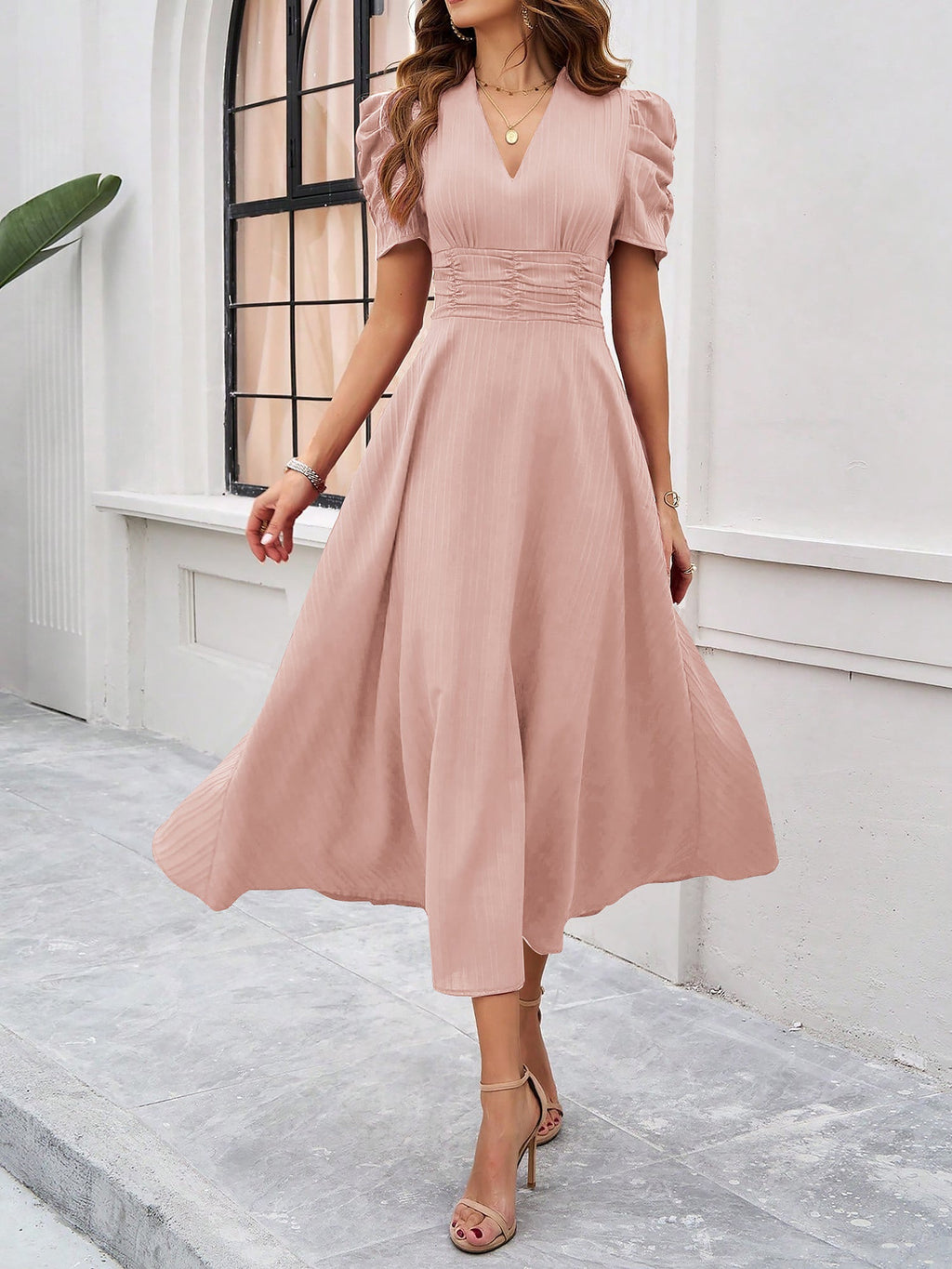 Textured Puff Sleeve Ruched Midi A-Line Dress