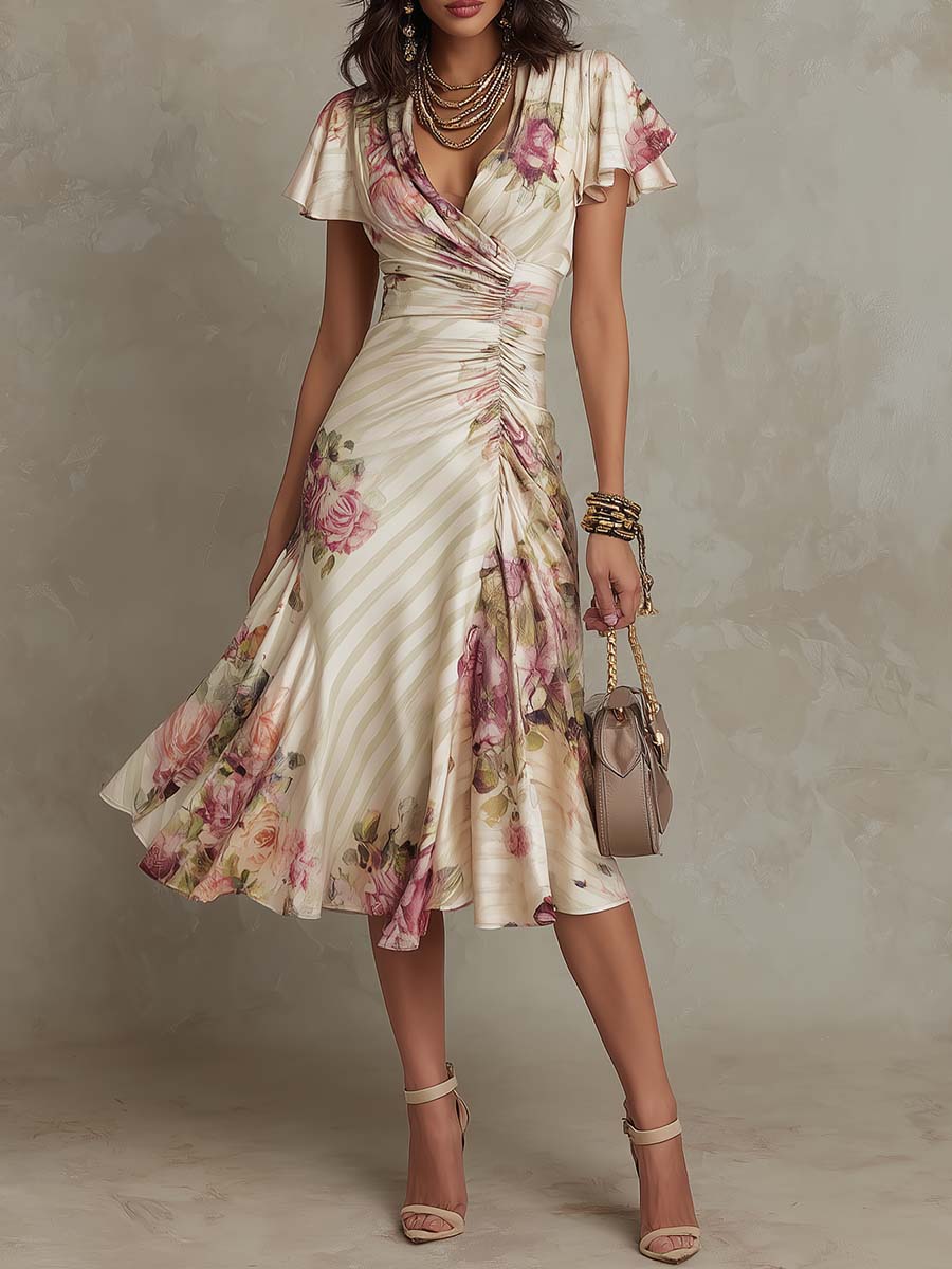 Vintage Satin Midi Dress with Wrap V-Neck and Ruching