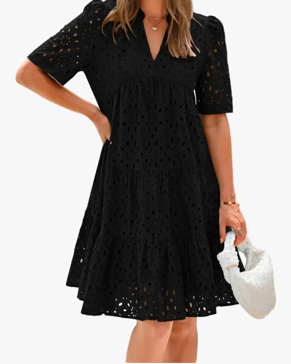 Eyelet Midi Dress with V-Neck Tiered Skirt