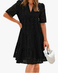 Eyelet Midi Dress with V-Neck Tiered Skirt